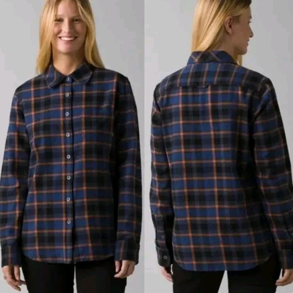 PrAna Golden Canyon Flannel Checkered Shirt in Rich Sapphire Outdoor Medium